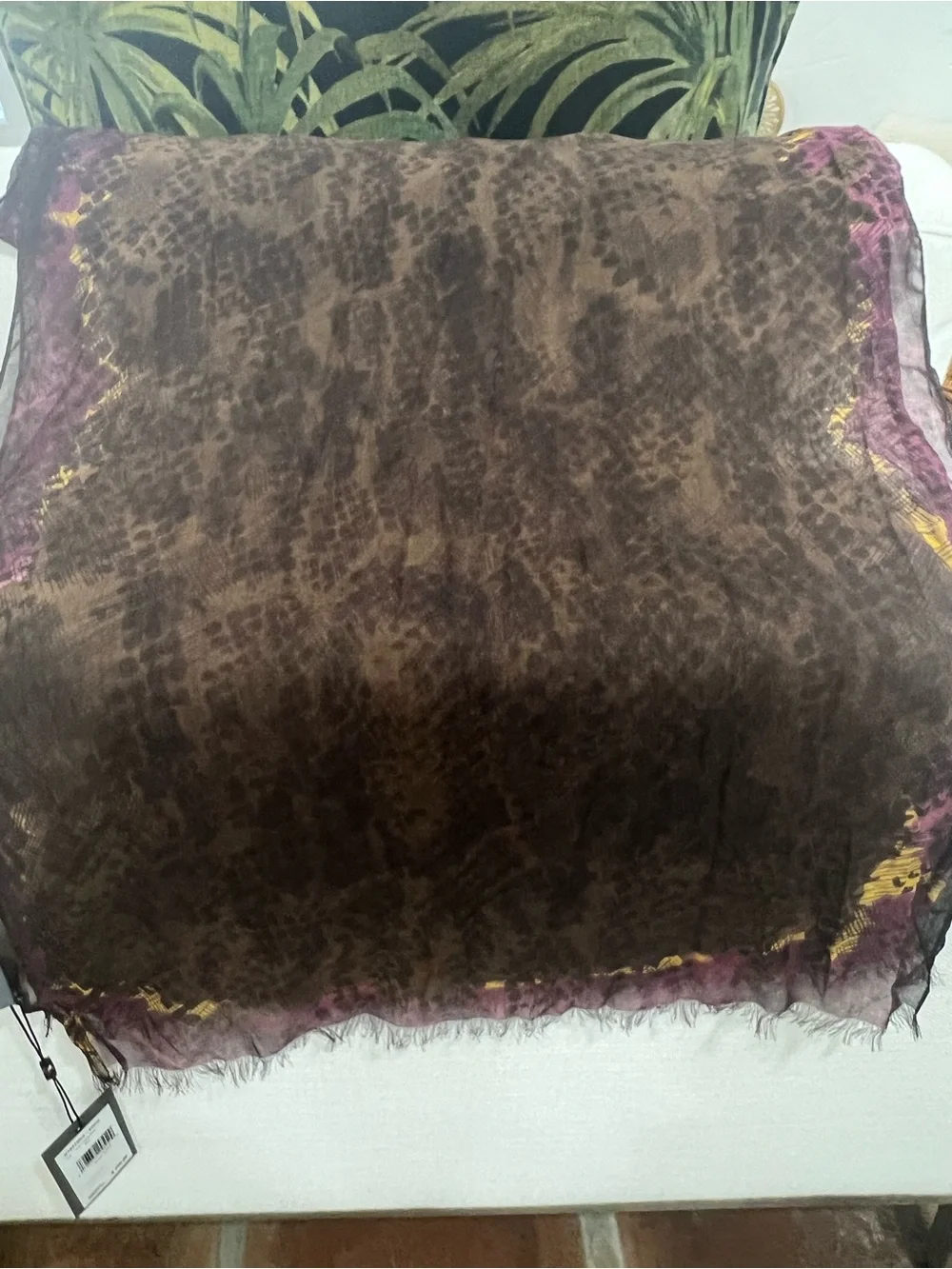 NWT John Varvatos Brown Snake-Print Scarf with Purple and Gold Accents